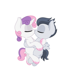 Size: 4331x5006 | Tagged: safe, anonymous artist, rumble, sweetie belle, pegasus, pony, unicorn, g4, absurd resolution, colt, cuddling, duo, eyes closed, female, filly, foal, hoof polish, hug, kiss on the lips, kissing, male, nail polish, ship:rumbelle, shipping, simple background, straight, transparent background