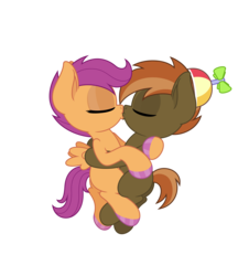 Size: 4331x5006 | Tagged: safe, anonymous artist, button mash, scootaloo, earth pony, pegasus, pony, g4, absurd resolution, butt, colt, cuddling, duo, eyes closed, female, filly, foal, hoof polish, hug, kiss on the lips, kissing, male, nail polish, plot, scootamash, shipping, simple background, straight, transparent background