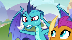 Size: 1280x720 | Tagged: safe, screencap, princess ember, smolder, dragon, g4, school daze, claws, covering ears, dragoness, duo, ember is not amused, female, giving in, gritted teeth, holding head, horns, looking up, obscured face, raised eyebrow, slit pupils, solo focus, spread wings, teenaged dragon, teenager, wings