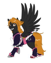 Size: 1000x1222 | Tagged: safe, artist:kourabiedes, pegasus, pony, bike shorts, clothes, cure black, cutie mark on clothes, female, grin, looking at you, ponified, pretty cure, simple background, skirt, smiling, socks, solo, transparent background