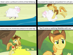Size: 1024x765 | Tagged: safe, artist:didgereethebrony, braeburn, earth pony, pony, sheep, comic:waltzing matilda, g4, australia, bag, banjo patterson, billabong, comic, implied ponies eating meat, male, poem, poetry, solo, song reference, swagman, tackle, tree, waltzing matilda