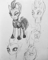 Size: 1024x1280 | Tagged: safe, artist:meow286, tempest shadow, pony, unicorn, my little pony: the movie, armor, broken horn, bust, eye scar, female, frown, grayscale, mare, monochrome, scar, sketch, smiling, solo, traditional art