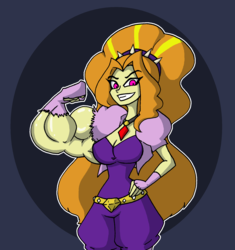Size: 1815x1927 | Tagged: safe, artist:da-fuze, adagio dazzle, equestria girls, g4, acardio dazzle, big hair, breasts, female, flexing, growth, hand on hip, hips, long hair, looking at you, muscle expansion, muscle growth, muscles, simple background, smiling, solo, white outline