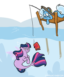 Size: 672x799 | Tagged: safe, artist:egophiliac, trixie, twilight sparkle, alicorn, pony, seapony (g4), unicorn, g4, my little pony: the movie, bait, book, bubble, duo, fin wings, fins, fish tail, fishing, fishing rod, flowing mane, flowing tail, hat, horn, inconvenient trixie, looking down, ocean, pier, prone, purple eyes, scales, seaponified, seapony twilight, signature, species swap, swimming, tail, that pony sure does love books, twilight sparkle (alicorn), twilight sparkle is not amused, unamused, underwater, water, wings, woonoggles