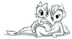 Size: 1843x987 | Tagged: safe, artist:gsphere, smolder, spike, dragon, g4, school daze, cute, dragoness, female, looking at each other, male, on back, ship:spolder, shipping, simple background, sitting on person, sketch, smiling, smolderbetes, spikabetes, straight, white background