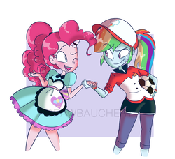 Size: 1909x1740 | Tagged: safe, artist:drawbauchery, pinkie pie, rainbow dash, coinky-dink world, epic fails (equestria girls), eqg summertime shorts, equestria girls, ball, clothes, cute, female, hat, holding hands, lesbian, looking at each other, one eye closed, open mouth, pinkiedash, raised eyebrow, server pinkie pie, shipping, smiling, waitress, watermark, wink