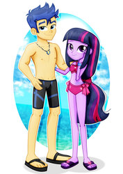 Size: 1600x2263 | Tagged: safe, artist:jucamovi1992, flash sentry, twilight sparkle, equestria girls, g4, belly, belly button, bikini, clothes, duo, feet, female, flip-flops, male, male nipples, midriff, nipples, nudity, partial nudity, sandals, ship:flashlight, shipping, smiling, straight, swimming trunks, swimsuit, topless