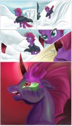 Size: 2400x4200 | Tagged: safe, artist:firimil, king sombra, tempest shadow, pony, unicorn, g4, my little pony: the movie, broken horn, cloak, clothes, colored horn, comic, curved horn, dark magic, disembodied horn, eye scar, female, her body has been possessed by sombra, horn, implied king sombra, magic, mare, possessed, possession, scar, severed horn, snow, sombra eyes, sombra's horn, tempest gets her horn back, tempest with sombra's horn, this will not end well