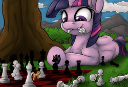 Size: 965x657 | Tagged: safe, artist:royalagate, artist:tsitra360, color edit, derpibooru exclusive, edit, applejack, lyra heartstrings, twilight sparkle, pony, unicorn, g4, appletini, chess, chessboard, chessboard incorrectly oriented, colored, duo, micro, mountain, mountain range, mouth hold, shading edit, tree