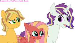 Size: 1800x1041 | Tagged: safe, artist:glitterstarwolfqueen, oc, oc only, oc:apple cobbler, oc:pink lady, oc:sequin stitch, earth pony, pegasus, pony, unicorn, blushing, colored wings, colored wingtips, cousins, female, male, mare, next generation, offspring, parent:applejack, parent:big macintosh, parent:caramel, parent:fluttershy, parent:rarity, parent:trenderhoof, parents:carajack, parents:fluttermac, parents:trenderity, simple background, stallion, story included, white background