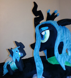 Size: 1500x1645 | Tagged: safe, artist:agatrix, artist:top plush, queen chrysalis, alicorn, changeling, pony, g4, chibi, female, irl, micro, photo, plushie, size difference
