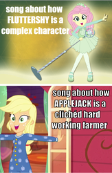 Size: 643x984 | Tagged: safe, artist:kuco, artist:root, edit, edited screencap, screencap, applejack, fluttershy, equestria girls, equestria girls series, five to nine, g4, so much more to me, clothes, cute, dress, female, image macro, meme, microphone, onesie, op is a duck, op is trying to start shit, pantyhose, shyabetes, singing, text, tights