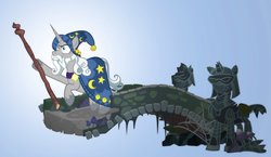 Size: 1000x580 | Tagged: safe, artist:pixelkitties, star swirl the bearded, pony, unicorn, g4, armor, beard, bridge, facial hair, gandalf the grey, lord of the rings, male, solo, staff, stallion, statue, the fellowship of the ring, you shall not pass