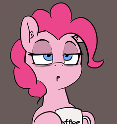Size: 1280x1357 | Tagged: safe, artist:pabbley, pinkie pie, earth pony, pony, g4, 30 minute art challenge, coffee, drool, female, insomnia, mug, simple background, solo, tired