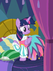 Size: 360x480 | Tagged: safe, edit, screencap, twilight sparkle, alicorn, pony, g4, school daze, animated, bed, clothes, cropped, curtains, dress, female, gif, jester dress, loop, messy mane, pillow, ruff (clothing), sad, solo, talking, tissue, twilight sparkle (alicorn)