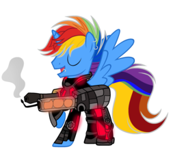 Size: 1024x934 | Tagged: safe, artist:mintoria, oc, oc only, oc:rainbowblazie, alicorn, pony, alicorn oc, male, powered exoskeleton, simple background, solo, stallion, transparent background, weapon