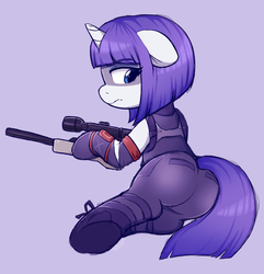 Size: 1801x1871 | Tagged: safe, artist:moozua, derpibooru exclusive, rarity, pony, unicorn, g4, alternate hairstyle, butt, female, floppy ears, fortnite, gun, hooves, horn, looking back, lying down, mare, optical sight, plot, rearity, rifle, shadow ops, simple background, sniper rifle, solo, weapon