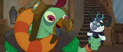 Size: 1920x804 | Tagged: safe, screencap, squabble, storm king, parrot, parrot pirates, anthro, g4, my little pony: the movie, bobblehead, derp, pirate, prosthetic beak, tongue out, toy