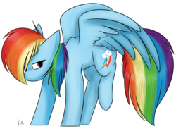 Size: 678x496 | Tagged: safe, artist:yourbestnightmaree, rainbow dash, pegasus, pony, g4, backwards cutie mark, female, looking at you, mare, simple background, solo, traditional art, transparent background, watercolor painting