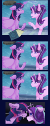 Size: 800x2000 | Tagged: safe, artist:castaspellliana, starlight glimmer, twilight sparkle, alicorn, pony, unicorn, g4, school daze, book, comic, eea rulebook, female, floppy ears, glowing horn, horn, magic, mare, that pony sure does love books, this will end in tears, twilight sparkle (alicorn), water