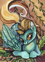Size: 1516x2088 | Tagged: safe, artist:missopeho, lightning dust, pegasus, pony, g4, aceo, female, mare, plant, prone, solo, traditional art, watercolor painting