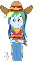 Size: 237x428 | Tagged: safe, artist:ilaria122, rainbow dash, equestria girls, five to nine, g4, my little pony equestria girls: better together, bandana, belt, clothes, cowboy hat, cowgirl, crossed arms, cute, dashabetes, gloves, hat, jeans, pants, simple background, smiling, stetson, transparent background