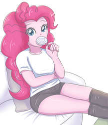 Size: 3377x3896 | Tagged: safe, artist:sumin6301, pinkie pie, equestria girls, g4, armchair, breasts, candy, chair, clothes, cute, diapinkes, female, food, high res, lollipop, looking at you, shorts, simple background, solo, stupid sexy pinkie, thighs, white background
