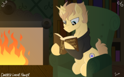 Size: 4409x2756 | Tagged: safe, artist:darkest-lunar-flower, nightmare moon, oc, oc only, pony, unicorn, book, bookshelf, chair, couch, fire, fireplace