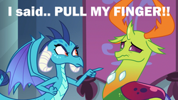 Size: 1920x1080 | Tagged: safe, edit, edited screencap, screencap, princess ember, thorax, changedling, changeling, dragon, g4, school daze, caption, fart joke, female, implied farting, king thorax, male, pointing, pull my finger, screencap comic, scrunchy face, the simpsons