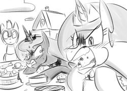 Size: 1400x1000 | Tagged: safe, artist:zouyugi, princess celestia, princess luna, g4, cake, competition, crown, eating, eating contest, food, guard, hangry, jewelry, muffin, regalia, sketch