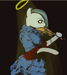Size: 942x1060 | Tagged: safe, artist:voloutfelixsit, marble pie, earth pony, pony, g4, animated, bipedal, clothes, colored, colored pupils, dress, female, gif, halo, mare, musical instrument, simple background, solo, violin