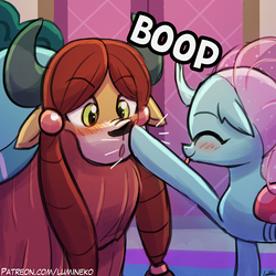Size: 750x750 | Tagged: safe, artist:lumineko, ocellus, yona, changedling, changeling, yak, g4, school daze, season 8, :o, :p, blushing, boop, cute, diaocelles, duo, duo female, eyes closed, female, floppy ears, horn, nose wrinkle, open mouth, silly, smiling, surprised, sweet dreams fuel, text, tongue out, wide eyes, yonadorable