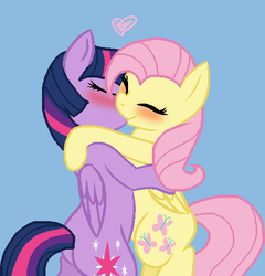 Size: 486x507 | Tagged: safe, artist:junetheicecat, fluttershy, twilight sparkle, alicorn, pony, g4, blue background, blushing, eyes closed, female, heart, kissing, lesbian, mare, ship:twishy, shipping, simple background, twilight sparkle (alicorn)
