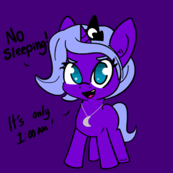 Size: 1024x1024 | Tagged: safe, artist:tjpones edits, edit, princess luna, alicorn, pony, g4, colored, cute, dialogue, ear fluff, female, filly, filly luna, jewelry, looking at you, lunabetes, necklace, open mouth, palindrome get, purple background, regalia, simple background, sleep is for the weak, smiling, solo, tjpones is trying to murder us, wingless, woona, younger