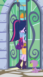 Size: 1242x2208 | Tagged: safe, screencap, sci-twi, spike, spike the regular dog, twilight sparkle, dog, equestria girls, g4, my little pony equestria girls: better together, my little shop of horrors, apron, boots, celestia's house, clothes, gloves, ponytail, raised leg, rear view, shoes, skirt, watering can