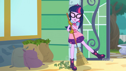 Size: 2208x1242 | Tagged: safe, screencap, sci-twi, twilight sparkle, equestria girls, g4, my little pony equestria girls: better together, my little shop of horrors, apron, boots, bowtie, broom, celestia's house, clothes, cute, discovery family logo, eyes closed, female, glasses, gloves, leaves, open mouth, ponytail, raised leg, sack, shoes, skirt, solo, twiabetes