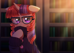 Size: 2000x1442 | Tagged: safe, artist:verawitch, moondancer, pony, unicorn, g4, blushing, book, bookshelf, clothes, crying, cute, dancerbetes, female, floppy ears, glasses, looking at you, mare, raised hoof, redraw, solo, sweater