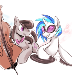 Size: 1000x1078 | Tagged: safe, artist:emina15966emina, dj pon-3, octavia melody, vinyl scratch, earth pony, pony, unicorn, g4, slice of life (episode), bowtie, cello, duo, female, looking at each other, mare, musical instrument, simple background, smiling, sunglasses, white background