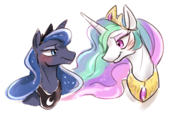 Size: 969x685 | Tagged: safe, artist:emina15966emina, princess celestia, princess luna, alicorn, pony, g4, slice of life (episode), blushing, bust, duo, female, jewelry, looking at each other, mare, regalia, royal sisters, simple background, sisters, smiling, white background
