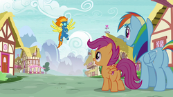 Size: 1280x720 | Tagged: safe, screencap, rainbow dash, scootaloo, spitfire, pegasus, pony, g4, newbie dash, clothes, female, filly, flying, mare, ponyville, uniform, wonderbolts uniform