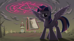 Size: 960x540 | Tagged: safe, artist:phoenixrk49, twilight sparkle, alicorn, pony, g4, book, female, looking at you, magic, magic circle, mare, ponyville, solo, tree, twilight sparkle (alicorn)