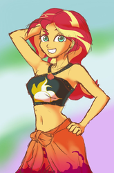 Size: 710x1075 | Tagged: safe, artist:noupu, sunset shimmer, equestria girls, equestria girls series, forgotten friendship, g4, arm behind head, armpits, belly button, bikini, bikini top, clothes, cute, female, geode of empathy, looking at you, midriff, pose, sarong, shimmerbetes, smiling, swimsuit