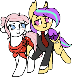 Size: 487x518 | Tagged: safe, artist:nootaz, derpibooru exclusive, nurse redheart, oc, oc:star shower, bat pony, g4, alternate hairstyle, canon x oc, clothes, dress, flower, implied lesbian, looking at each other, shipping, simple background, suit, transparent background