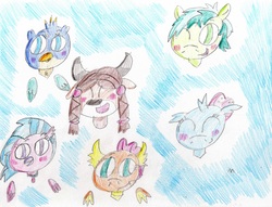 Size: 2722x2079 | Tagged: safe, artist:ptitemouette, gallus, ocellus, sandbar, silverstream, smolder, yona, classical hippogriff, griffon, hippogriff, g4, school daze, high res, student six, traditional art