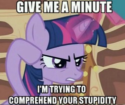 Size: 820x692 | Tagged: safe, edit, edited screencap, screencap, twilight sparkle, pony, unicorn, g4, female, glowing horn, golden oaks library, horn, image macro, impact font, magic, mare, meme, reaction image, solo, stupidity