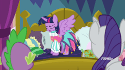 Size: 902x508 | Tagged: safe, edit, edited screencap, screencap, rarity, spike, twilight sparkle, alicorn, dragon, pony, unicorn, g4, school daze, and then there's rarity, animated, bed, clothes, dress, eyes closed, female, floppy ears, force dressing, frown, instant cosplay surprise, jester dress, magic, magic aura, male, mare, messy mane, prone, reversed, ruff (clothing), twilight sparkle (alicorn), wide eyes