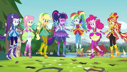 Size: 1920x1080 | Tagged: safe, screencap, applejack, fluttershy, pinkie pie, rainbow dash, rarity, sci-twi, sunset shimmer, twilight sparkle, equestria girls, g4, my little pony equestria girls: legend of everfree, amulet, boots, cowboy boots, crystal guardian, crystal wings, female, floating, high heel boots, holding hands, humane five, humane seven, humane six, ponied up, shoes, smiling, super ponied up