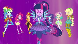 Size: 1920x1080 | Tagged: safe, screencap, applejack, fluttershy, pinkie pie, rainbow dash, rarity, sci-twi, sunset shimmer, twilight sparkle, equestria girls, g4, my little pony equestria girls: legend of everfree, amulet, boots, cowboy boots, crystal guardian, female, floating, high heel boots, holding hands, humane five, humane seven, humane six, shoes, smiling