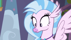 Size: 600x338 | Tagged: safe, screencap, silverstream, classical hippogriff, hippogriff, g4, school daze, animated, cute, diastreamies, excited, female, flapping, gif, hallway, hand on face, hands on cheeks, hands on head, looking at something, school of friendship, shrunken pupils, solo, sparkly eyes, stairs, talking