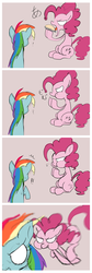 Size: 860x2566 | Tagged: safe, artist:noupu, edit, pinkie pie, rainbow dash, earth pony, pegasus, pony, g4, secrets and pies, chase, comic, duo, female, food, mare, pie